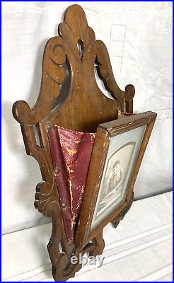 1800s Antique Picture Frame Wood Carved with Leather Studded Fold Compartment OOAK