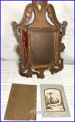 1800s Antique Picture Frame Wood Carved with Leather Studded Fold Compartment OOAK