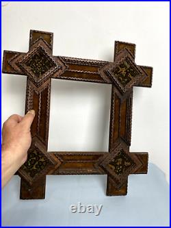 19th Antique Victorian Austrian Carved Wood Tramp Art Wall Frame 18.5