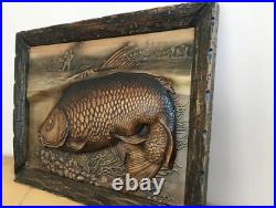 28 Fish Fishing Large Wood Carving Picture 3D Art Work Gift Panno Wall Decor