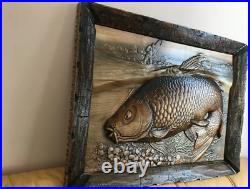 28 Fish Fishing Large Wood Carving Picture 3D Art Work Gift Panno Wall Decor