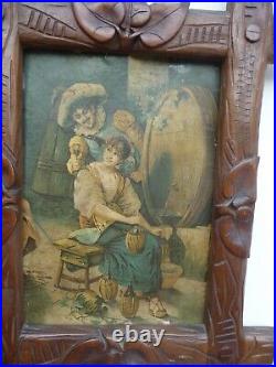 ANTIQUE BLACK FOREST NICELY CARVED PICTURE FRAME with A PRINT ONE OF A PAIR