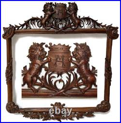 Antique Black Forest Style Carved 28 Picture Frame, Lions & Royal Crown Topped