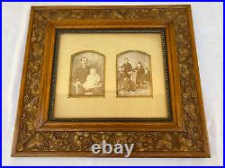 Antique Floral Carved Picture Frame 19x17 with 1800s Photograph Man + 5 Children