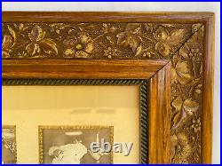 Antique Floral Carved Picture Frame 19x17 with 1800s Photograph Man + 5 Children
