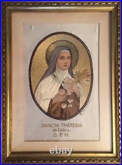 Antique Metallic Embroidered Holy Sancta Theresia Carved Gold Gild Frame Picture