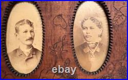 Antique Tram Art Chip Carved Picture Frame Double Oval 2 Sepia Portraits Floral