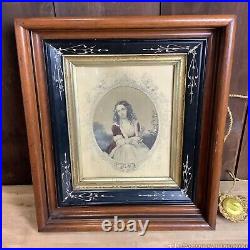 Antique Victorian Walnut Wood Picture Frame White Carved Trim Female Portrait