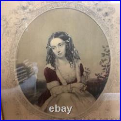 Antique Victorian Walnut Wood Picture Frame White Carved Trim Female Portrait