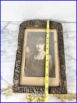 Antique WOOD Asian CARVED PICTURE FRAME with Photo Of Woman Portrait Early 1900s