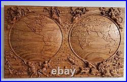 Antique world map, wood carved picture, wall hanging art