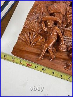 Artisan 3D Hand Carved Whittled Figural Wooden Plaque Picture Children Trees