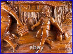 Artisan 3D Hand Carved Whittled Figural Wooden Plaque Picture Children Trees
