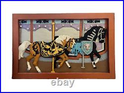 Handmade Carved Wood Carousel Horses Wall Hanging Picture Wood Framed Jewels