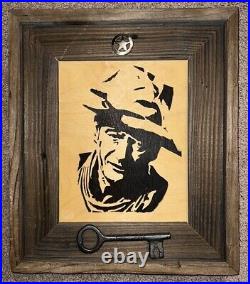 John Wayne Wood Cut Carved Silhouette Picture Framed Key Star Vintage 13 x 15