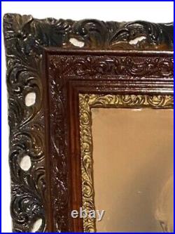 Large Antique Carved Reticulated Wood Frame with Portrait on Canvas With Glass 28x24