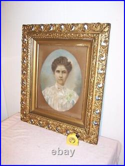 Large Antique Pastel Portrait of a Lady in Gold Carved Wood Gesso Picture Frame