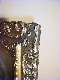 Large Antique Pastel Portrait of a Lady in Gold Carved Wood Gesso Picture Frame