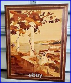 Large Rarevintage Greek Scene Inlaid Wood Carved & Lacquered Art Plaque