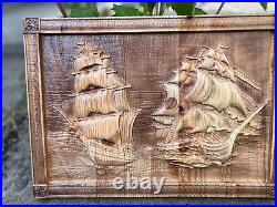 Large Wood Carved Picture Frigate Ships At Sea 3D Handmade Panno Wall Decor Gift