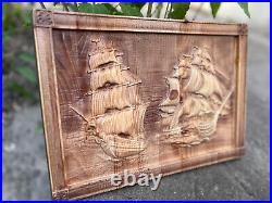 Large Wood Carved Picture Frigate Ships At Sea 3D Handmade Panno Wall Decor Gift