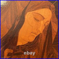 Marquetry Wood Framed Mary Christian Antique Handmade Inlaid Icon 16 X 13 #Z