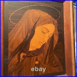 Marquetry Wood Framed Mary Christian Antique Handmade Inlaid Icon 16 X 13 #Z