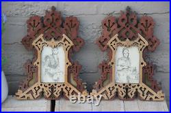 PAIR antique french art nouveau wood carved photo picture frames rare