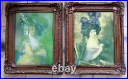 Pair Antique Convex Bubble Glass Carved Wood Frames Picture