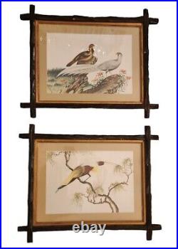 Pair Antique Picture Frames Adirondack Eastlake With Vintage Bird Prints
