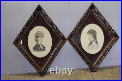 Pair of Vintage Victorian Ladies velvet Print picture mahogany Wood carved Frame