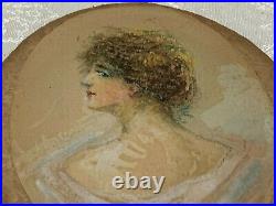 Pastel Portrait of a Woman in 5 Chip Carved Round Walnut Aesthetic Frame