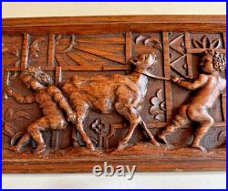 Rare Antique Carved Picture of Muscular Children Pulling and Pushing Calf Cow