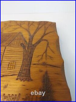 Rare Hand Carved with Penknife Picture Len Pighini Log Cabin Trees Singed