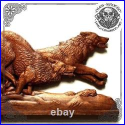 Running Wolves, Graceful wood carving picture wolves hunting, Wood Carved Wolf