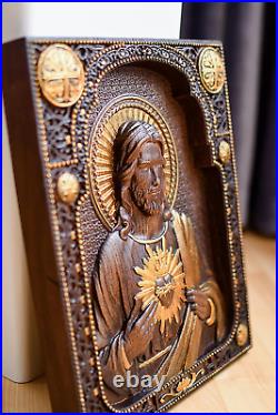 Sacred Heart of Jesus Wood Carved Catholic Icon of Our Lord 10X12 Inches Chr