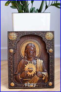 Sacred Heart of Jesus Wood Carved Catholic Icon of Our Lord 10X12 Inches Chr