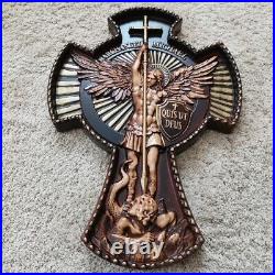 St Michael the Archangel. Wood Carved picture, cross. Gift for him, gift for mom