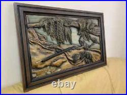 Underwater Fishing Large Wood Carving Picture 3D Art Work Gift Panno Wall Decor