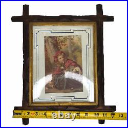 Vintage Adirondack Carved Wood Picture Frame Original Red Riding Hood Print