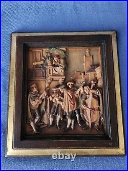 Vintage Anri Wood Carved Carl Spitzweg Musicians Orchestra Framed Picture Italy
