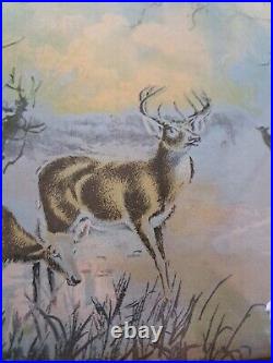 Vintage Carved Wood Frame H Fisher Deer Watercolor Picture 15 x 19