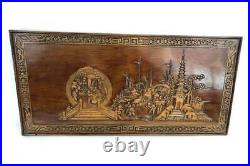 Vintage Detailed Wall Hanging Picture Wood Carved Monks Temple 39 By 19 Inches