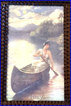 Vintage Indian Maid in Canoe Print in Wood Chip Carved Tramp Art Frame