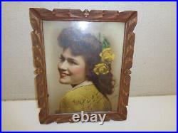 Vintage Ornately Carved Floral Wood Picture Frame with Hand Colored Photo