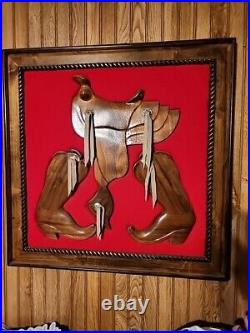 Vintage Wood Hand Carved Saddle And Boots Picture Wooden Frame Cowboy Western