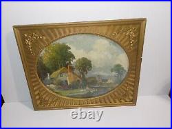 Wood & Gesso Gold Ornate OVAL Frame carved 23 1/2 x 19 1/2 With House Scene