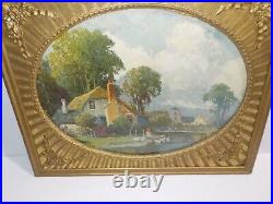 Wood & Gesso Gold Ornate OVAL Frame carved 23 1/2 x 19 1/2 With House Scene