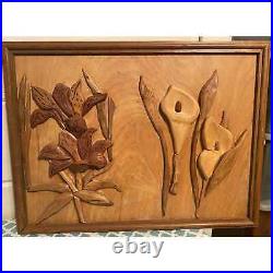 Wood Handmade Carved Floral Picture Sign Decor Unique Vintage Lily ArtistUnknown