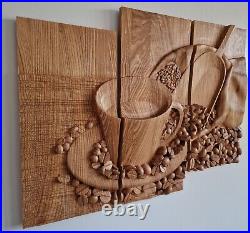 Wood carved picture, Coffee composition, coffee beans, Wall hanging art